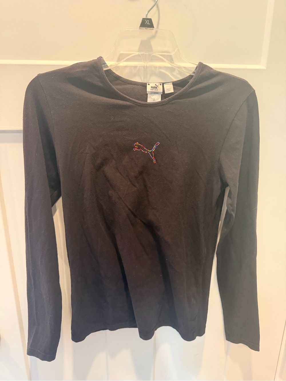 Puma Bodywear Black Rhinestone Logo Long Sleeve Top Women’s Large
